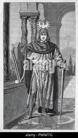 Friedrich II. (1194-1250). König von Sizilien, Deutschland, Italien, Jerusalem und Kaiser des Heiligen Römischen Reiches. Gravur der Germania, 1882. Stockfoto