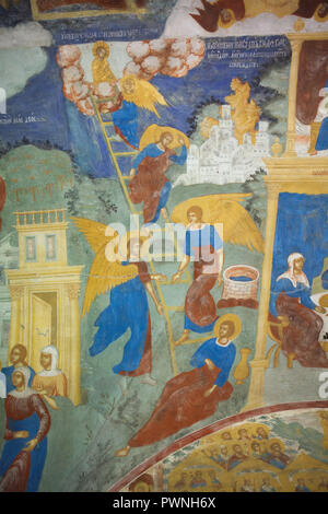 Jacob's Ladder (Jacob's Dream) in das Fresko von russischen Maler Dmitri Plechanows und Fjodor Ignatjew ab 1700 im Norden Galerie in der Kirche des Heiligen Johannes des Täufers an Tolchkovo in Jaroslawl, Russland datiert (papert) abgebildet. Stockfoto