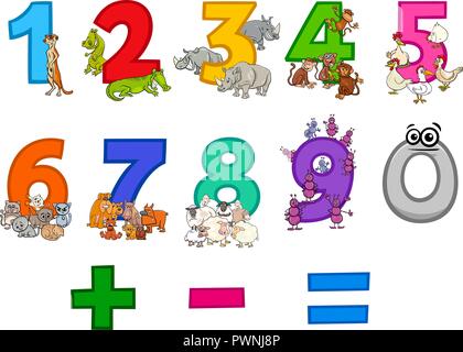 Cartoon Illustration der Zahlen von Null bis Neun mit komischen Tier Zeichen Stock Vektor