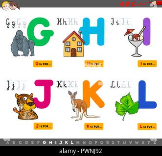Cartoon Illustration von Großbuchstaben Alphabet Bildungs- Set für Lesen und Schreiben Praxis für Kinder von G bis L Stock Vektor