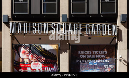 Ein Zeichen begrüßt Besucher der Madison Square Garden in New York City. Der Schauplatz ist ein Indoor Arena in Midtown Manhattan. Stockfoto