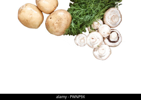 Frische Kartoffeln, champignon Pilze, ein Bündel Dill auf weißem Hintergrund. Ansicht von oben, statt zu kopieren, flach. Stockfoto