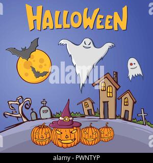 Farbe cartoon Formen auf Halloween. Landschaft der Friedhof mit alten Häusern, Bäumen, Gräber, Kreuze, Kürbisse, Mond, Fledermäuse, Geister. Handgefertigte Vektor Stock Vektor