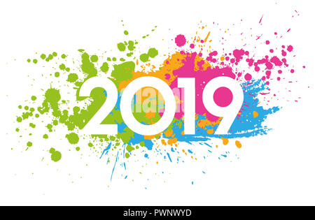 Neues Jahr 2019 Datum mit bunten Flecken bemalt Stockfoto