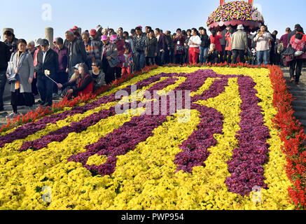 Kaifeng, China's Provinz Henan. 17 Okt, 2018. Touristen genießen Chrysanthemen bei Longting Park in Kaifeng, China Provinz Henan, am Okt. 17, 2018. Credit: Li Ein/Xinhua/Alamy leben Nachrichten Stockfoto