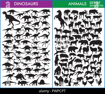 Große Vektor einrichten von Silhouetten verschiedener Tiere und Dinosaurier Stock Vektor