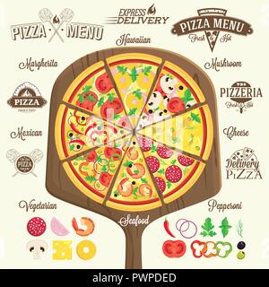 Pizza menu, Etiketten und gestalterische Elemente für Ihr Logo Design Template Stock Vektor