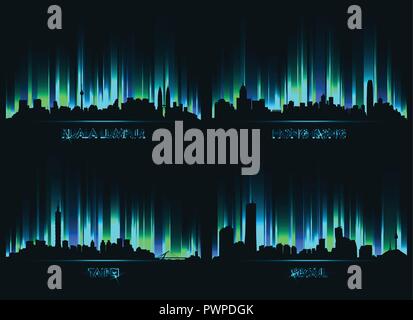 Neon сity Skyline Kuala Lumpur, Hongkong, Taipei, Seoul eingestellt von Vektor Stadt Silhouetten Stock Vektor