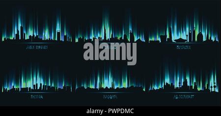 Neon сity Skyline Abu Dhabi, Dubai, Dubai, Doha, Sanaa, Al Kuwait Satz von Vektor Stadt Silhouetten Stock Vektor