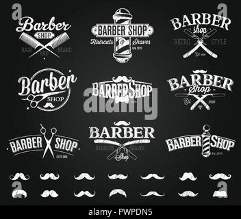 Typografische Friseur Embleme Kreidezeichnung Vorlage für Ihr Logo Design Stock Vektor
