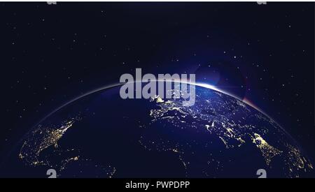 Vector Hintergrund der Planet Erde mit Sunrise im Raum und die Lichter der Stadt Vorlage für Ihr Logo Design Stock Vektor