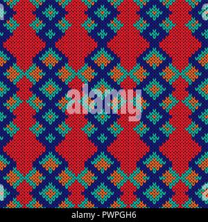 Gestrickte nahtlose abstrakte Muster mit hellen geometrischen Figuren auf dem roten Hintergrund, Vektor als Stoff Textur Stock Vektor