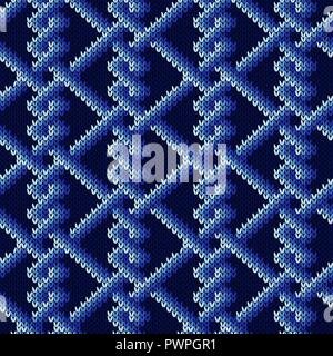 Gestrickte nahtlose dekorative Muster mit Interlacing Linien in blauen Farbtönen auf dem dunklen Hintergrund, Vektor als Stoff Textur Stock Vektor