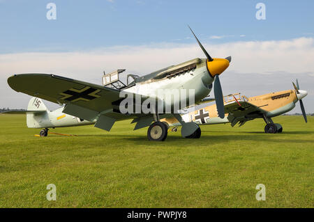 Hispano HA-1112 Buchon, Spanisch gebaut Messerschmitt Bf 109 Me 109 Deutsche Luftwaffe Kampfflugzeuge. G-BWUE durch historische Kämpfer im Besitz Fliegen Ltd. Stockfoto