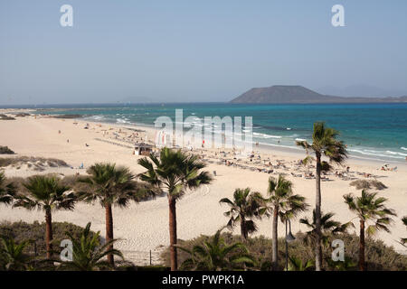 Playas Grandes mit Los Lobos Insel in der Ferne, Corralejo, La Oliva, Fuerteventura, Kanarische Inseln, Spanien Stockfoto