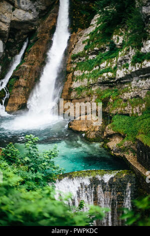 Detailansicht der Wasserfall Savica in Bohinj Tal, Slowenien Stockfoto