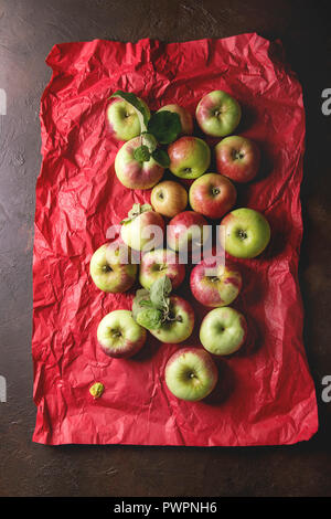 Reif im Garten Grün rote Äpfel mit Blättern auf Rot hell zerknittertes Papier über dunkle Textur Hintergrund. Flach, Platz. Herbst Ernte. Stockfoto