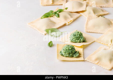 Hausgemachte Roh ungekocht italienische pasta Ravioli mit Spinat, Ricotta auf weißem Hintergrund besetzt. Close Up, Raum Stockfoto