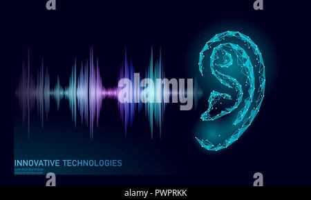 Sound Anerkennung Voice Assistant Low Poly. Drahtmodell mesh Polygonale 3D-Render Ohr sound Radio wave innovative Technologie Wellenform. Audio Equalizer Digitaler Computer concept Vector Illustration Stock Vektor