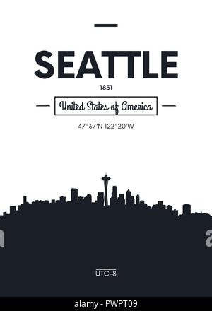 Poster Skyline der Stadt Seattle, Flacher Stil Vector Illustration Innenarchitektur design Stock Vektor