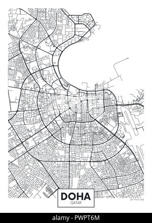 Detaillierte Vektor poster Stadtplan Doha detaillierten Plan der Stadt, Flüsse und Straßen Stock Vektor