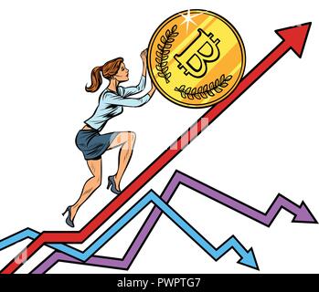 Frau Geschäftsfrau Roll eine bitcoin Münze bis Stock Vektor