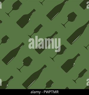 Vektor nahtlose Muster mit Flaschen Wein und Weinglas auf grünem Hintergrund Vorlage für Ihr Design Stock Vektor