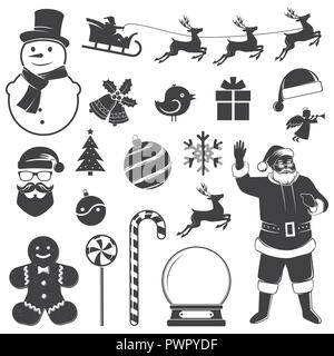 Satz von Weihnachten Symbole. Vector Illustration. Set gehören Geschenkboxen Weihnachtsbaum wreath snowman Santa Claus Zuckerstange Glocken holly Dekoration für Frohe Weihnachten und Neues Jahr Feier Stock Vektor