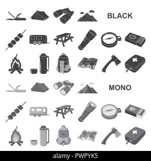 Ax, Tasche, Sitzbank, Fernglas, schwarz, Camp, Lagerfeuer, camping, campingplatz, Auto, Wohnwagen, Brust, Sammlung, compas, Design, Ausstattung, Brennholz, Taschenlampe, grau, Wandern, Icon, Illustration, isoliert, Kebab, Messer, Logo, Karte, match, Fleisch, Medizin, Berge, Natur, Übernachtung, Parkplatz, Satz, Zeichen, Sommer, Symbol, Zelt, Thermoskanne, Tourismus, Touristen, Trailer, Reise, Urlaub, Vector, Vektor, Vektoren, Stock Vektor