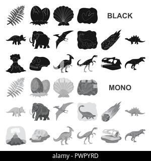 Alter, Tier, antike, Kunst, schwarz, Sammlung, Design, Dinosaurier, Dinos, Ei, Eruption, ausgestorben, Flamme, Footprint, Fossilien, gallimimus, Pflanzenfresser, menschliche, Icon, Illustration, isoliert, jurassic, Logo, Säugetier, Mammut, Meteorit, parasaurolophus, Periode, Pflanze, prähistorische, pterodactyloidea bleibt, Felsen, Meer, Muschel, Satz, Zeichen, Stegosaurus, Stein, Symbol, Triceratops, tyrannosaurus, Vector, Vulkan, web Vektor Vektoren, Stock Vektor