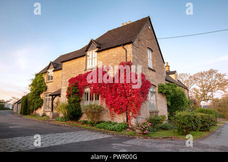 Parthenocissus Subtomentosa. Virginia Creeper/amerikanischen Efeu an den Wänden eines Hauses. Churchill, Cotswolds, Oxfordshire, England Stockfoto