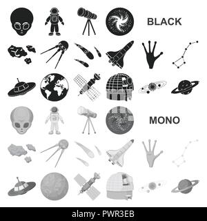 Raumfahrt schwarze Symbole in der Sammlung für Design. Raumfahrzeuge und Ausrüstung vektor Symbol lieferbar Abbildung. Stock Vektor