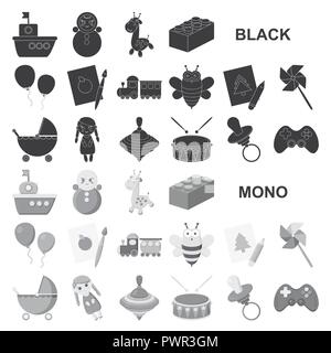 Kinder Spielzeug schwarze Symbole in der Sammlung für Design. Spiel und christbaumkugel Vektor Symbol lieferbar Abbildung. Stock Vektor
