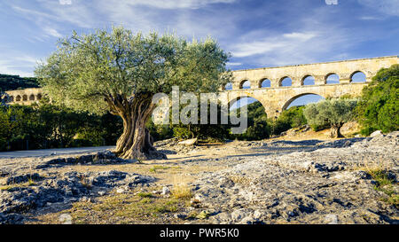 Der Pont du Gard, eine alte römische Aquädukt, der Überquerung des Flusses Gardon in Südfrankreich Stockfoto