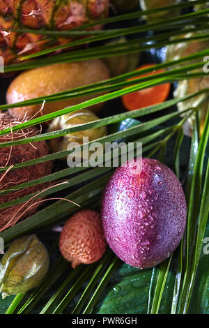 Close-up Passionsfrucht in Wassertropfen auf einer tropischen baskground mit Palmblättern. Stockfoto
