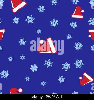 Weihnachten hüte Santa und Schneeflocke nahtlose Muster. Blauen Hintergrund. Vector Illustration. Stock Vektor