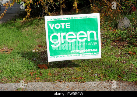 Grüne Partei von Vancouver Kampagne Zeichen für die Kommunalwahlen 2018 Vancouver, Vancouver, BC, Kanada Stockfoto