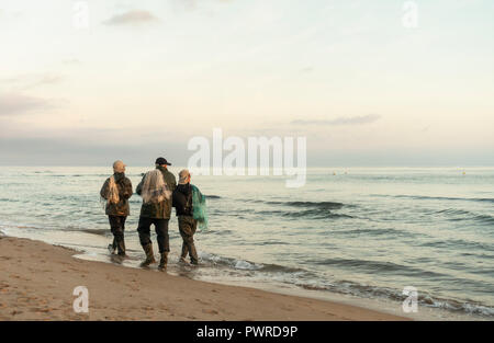 Spanische Männer mit Netzen von Strand an der Costa del Azahar, südlich von Valencia Stockfoto