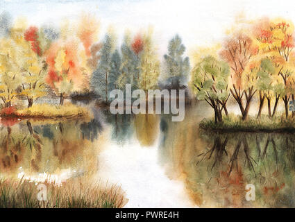 Aquarell Herbst Landschaft mit Bäumen auf Inseln und ihre Überlegungen in einem See Stockfoto
