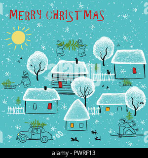Einfache stilisierte Landschaft mit Dorf Häuser, Bäume mit Schnee bedeckt und die Startseite Menschen mit Weihnachtsbäumen Eilt Stockfoto