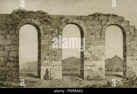 Historia de Cartago. Ruinas de un Antiguo acueducto. Lemaitre Direxit. Grabado. Panorama Universal. Historia de Cartago, 1850. Biblioteca Histórico Militar de Barcelona. Cataluña. España. Stockfoto