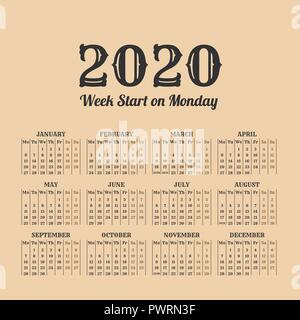 2020 Jahr retro Kalender. Wochen beginnen am Montag Stock Vektor