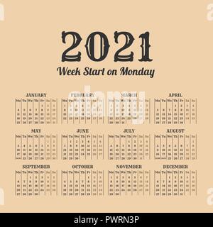 2021 Jahr retro Kalender. Wochen beginnen am Montag Stock Vektor