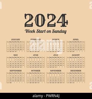 2024 Jahr retro Kalender. Wochen am Sonntag Stock Vektor