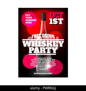 Alkohol Whiskey Partei modernen Flyer mit dem Glas und Eis auf dem Dunkelroten Hintergrund Stock Vektor