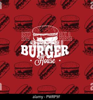 Burger House Logo auf nahtlose Muster fast food, Vector Illustration Vorlage für Ihr Logo Design Stock Vektor