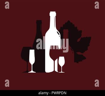 Silhouette von Weinflaschen und Weingläser auf dem Hintergrund der Grape Leaf, Vector Illustration Vorlage für Ihr Logo Design Stock Vektor