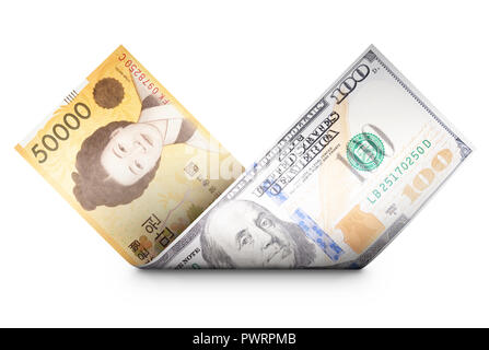 Zwei Geldscheine auf einander ausgerichtet und gebogen, so dass sie aussieht wie ein Bill dreht, in die anderen symbolisieren Financial Exchange anhand von quantitativen Simulatio Stockfoto