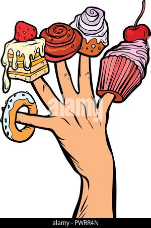 Süßigkeiten Kuchen cupcake Donut Marshmallow auf den Fingern Stock Vektor