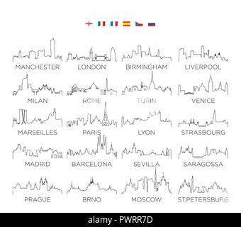 Europa skyline city line Kunst, Vector Illustration Design, Set 2 Set von Vektor Stadt Silhouetten Stock Vektor